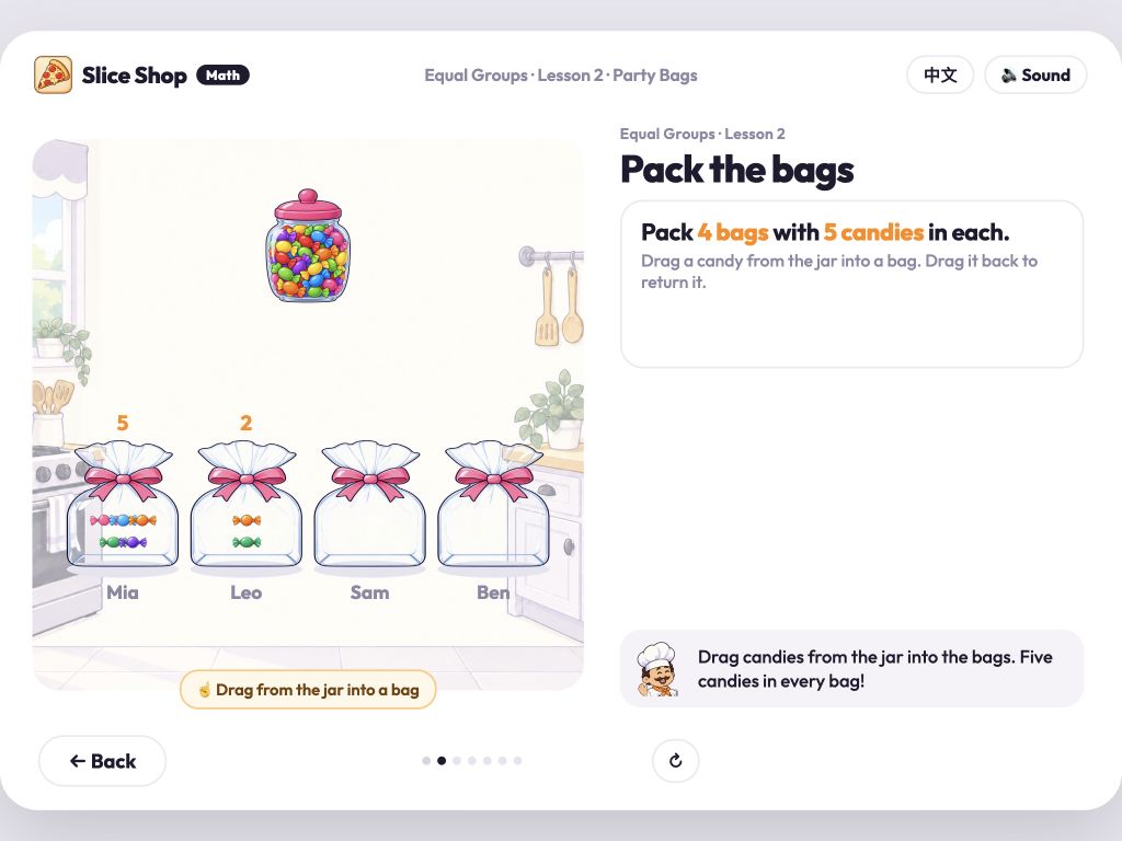 Party Bags lesson: drag candies into four bags.